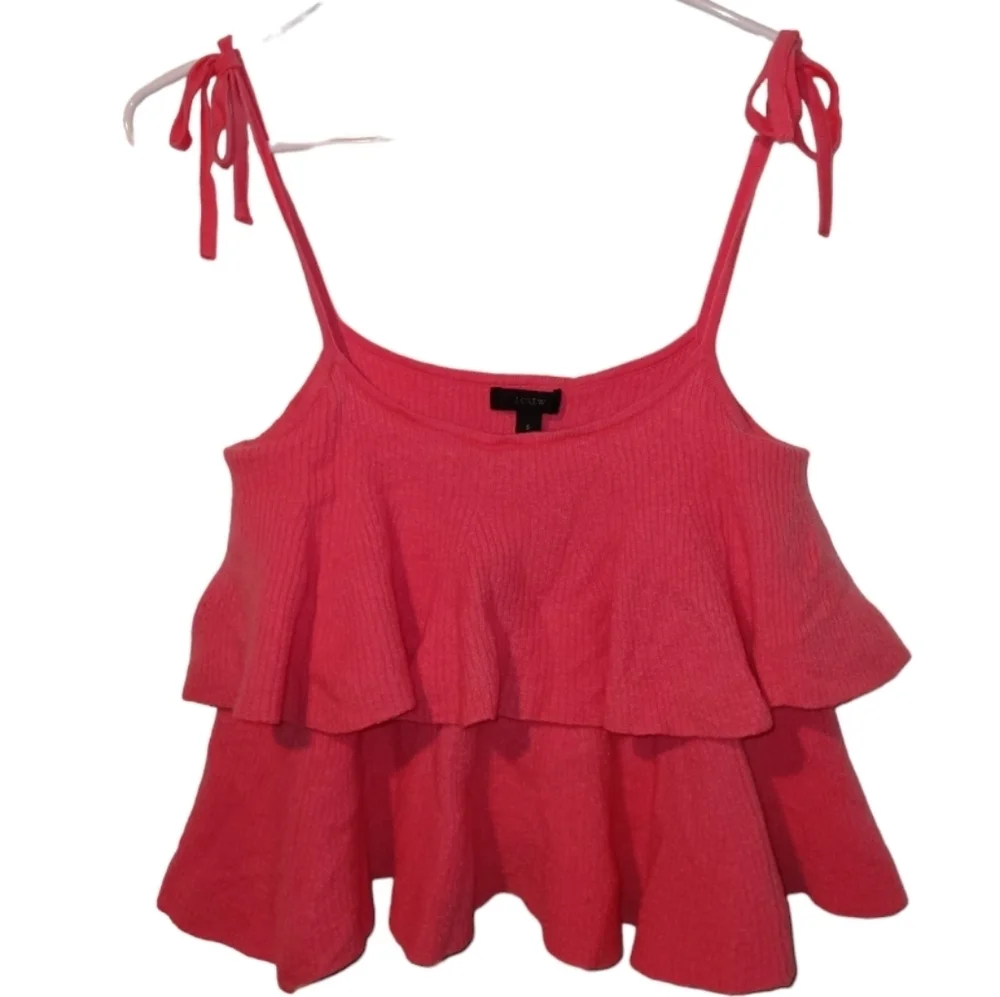 J Crew Merino Wool Tiered Ruffle Tank Top with Tie Shoulder Straps Pink Size S - Picture 2 of 9